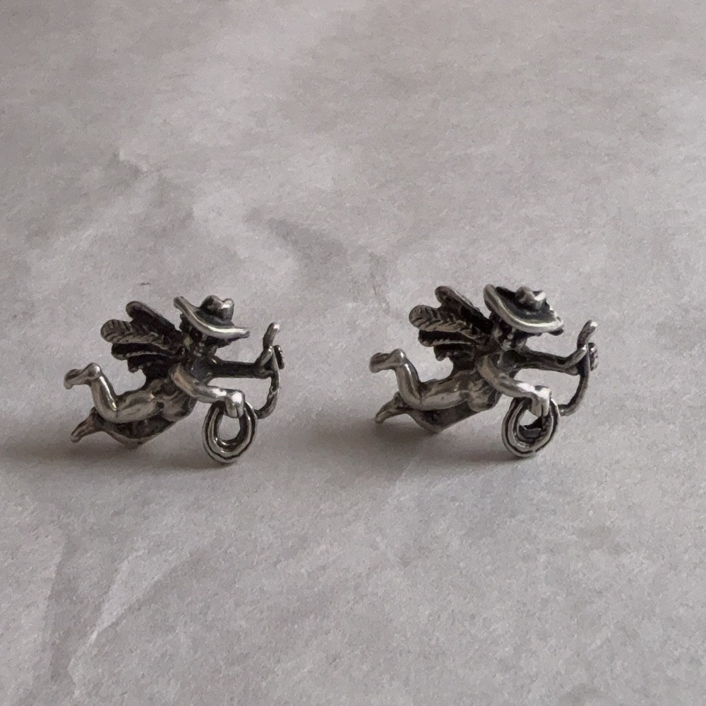 Sterling Silver Angel Cowboy Stud Earrings Western Lasso Wings Womens Statement